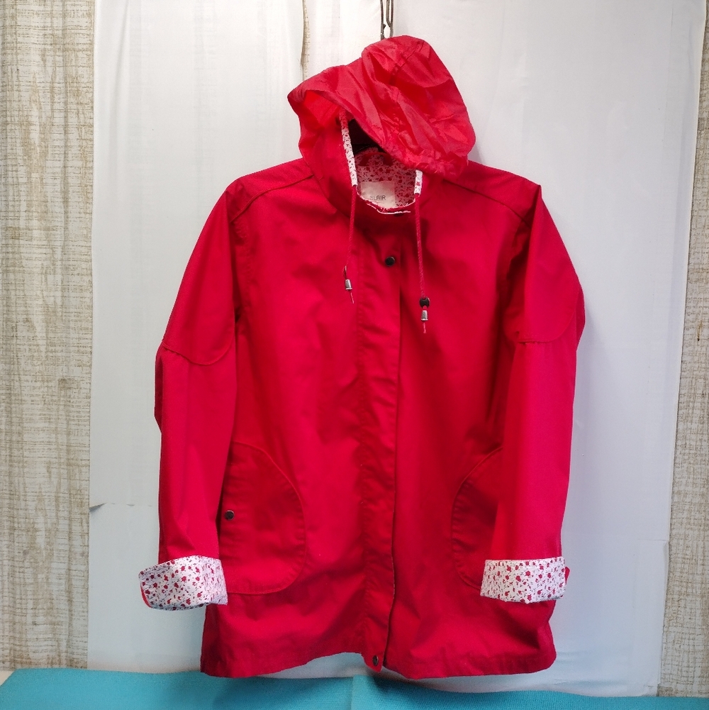 Blair Women's Hooded Raincoat Jacket Windbreaker Full Zip Red/ Floral Size L